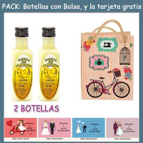 2 Botellitas de Licor de Crema de Plátano con bolsa “fashion con bici” y tarjeta