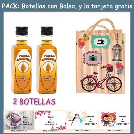 2 Botellitas de Vodka Caramelo con bolsa “fashion con bici” y tarjeta