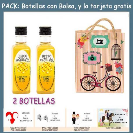 2 Botellitas de Ron Miel con bolsa “fashion con bici” y tarjeta