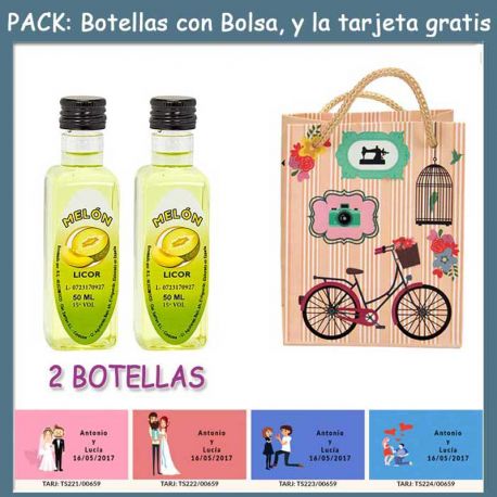 2 Botellitas de Licor de Melón con bolsa “fashion con bici” y tarjeta