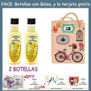 2 Botellitas de Licor Crema de Limóncon bolsa “fashion con bici” y tarjeta