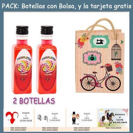 2 Botellitas de Licor de Piruleta con bolsa “fashion con bici” y tarjeta
