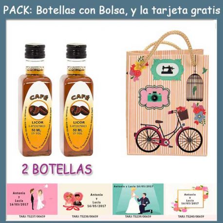 2 Botellitas de Licor de Café con bolsa “fashion con bici” y tarjeta