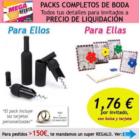 Pack completo “Super-Ahorro” de regalos para invitados (hombres y mujeres), con bolsas y tarjetas