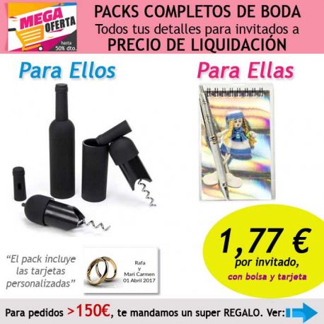 Pack completo “Super-Ahorro” de regalos para invitados (hombres y mujeres), con bolsas y tarjetas
