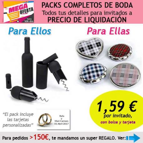 Pack completo “Super-Ahorro” de regalos para invitados (hombres y mujeres), con bolsas y tarjetas