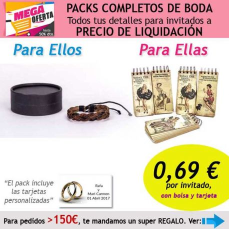 Pack completo “Super-Ahorro” de regalos para invitados (hombres y mujeres), con bolsas y tarjetas