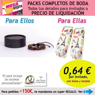 Pack completo “Super-Ahorro” de regalos para invitados (hombres y mujeres), con bolsas y tarjetas