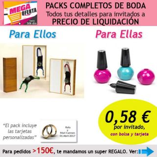 Pack completo “Super-Ahorro” de regalos para invitados (hombres y mujeres), con bolsas y tarjetas