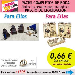 Pack completo “Super-Ahorro” de regalos para invitados (hombres y mujeres), con bolsas y tarjetas