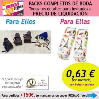 Pack completo “Super-Ahorro” de regalos para invitados (hombres y mujeres), con bolsas y tarjetas