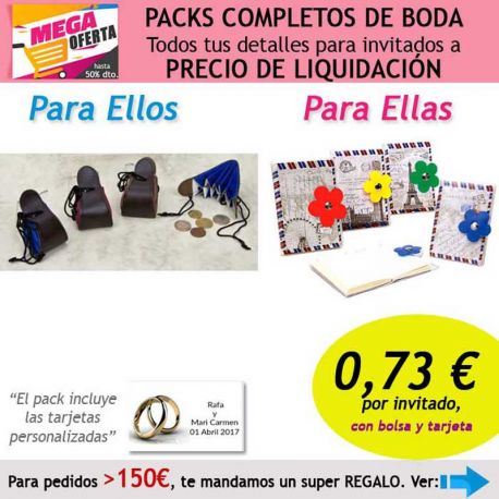 Pack completo “Super-Ahorro” de regalos para invitados (hombres y mujeres), con bolsas y tarjetas