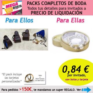 Pack completo “Super-Ahorro” de regalos para invitados (hombres y mujeres), con bolsas y tarjetas