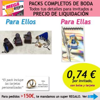 Pack completo “Super-Ahorro” de regalos para invitados (hombres y mujeres), con bolsas y tarjetas