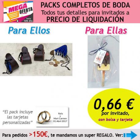 Pack completo “Super-Ahorro” de regalos para invitados (hombres y mujeres), con bolsas y tarjetas