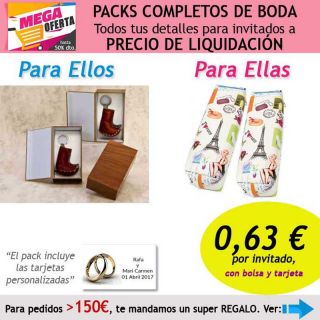 Pack completo “Super-Ahorro” de regalos para invitados (hombres y mujeres), con bolsas y tarjetas