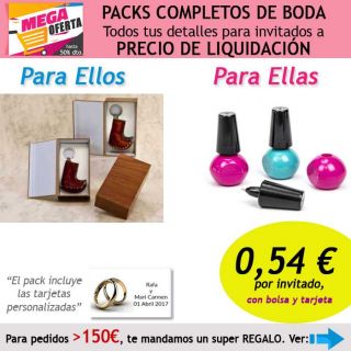 Pack completo “Super-Ahorro” de regalos para invitados (hombres y mujeres), con bolsas y tarjetas
