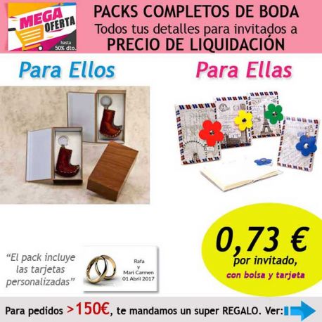 Pack completo “Super-Ahorro” de regalos para invitados (hombres y mujeres), con bolsas y tarjetas
