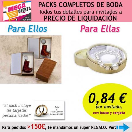 Pack completo “Super-Ahorro” de regalos para invitados (hombres y mujeres), con bolsas y tarjetas