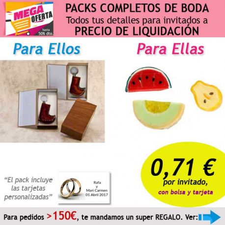 Pack completo “Super-Ahorro” de regalos para invitados (hombres y mujeres), con bolsas y tarjetas