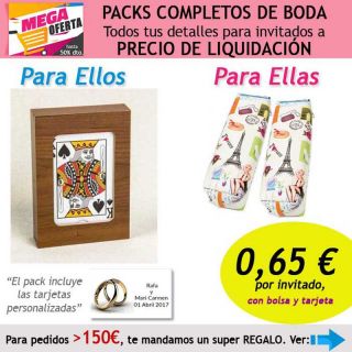 Pack completo “Super-Ahorro” de regalos para invitados (hombres y mujeres), con bolsas y tarjetas