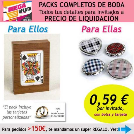 Pack completo “Super-Ahorro” de regalos para invitados (hombres y mujeres), con bolsas y tarjetas