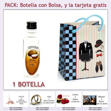 Botellita de Ron de Coco con bolsa “charlestón” y tarjeta