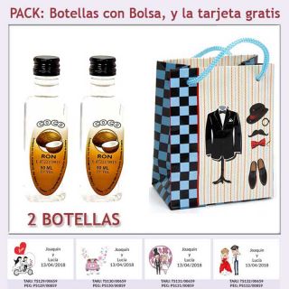 2 Botellitas de Ron de Coco con bolsa “charlestón” y tarjeta