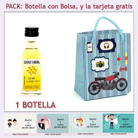 Botellita de Ron Miel con bolsa “con moto roja” y tarjeta