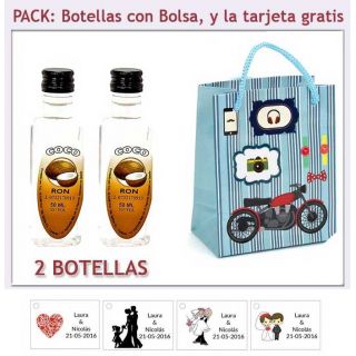 2 Botellitas de Ron de Coco con bolsa “con moto roja” y tarjeta