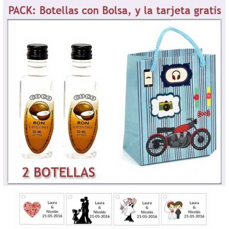 2 Botellitas de Ron de Coco con bolsa “con moto roja” y tarjeta