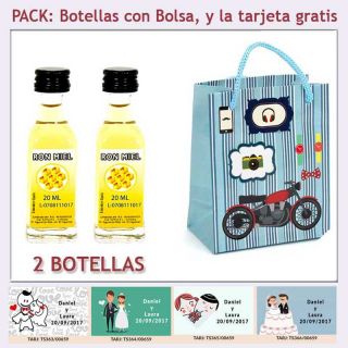 2 Botellitas de Ron Miel con bolsa “con moto roja” y tarjeta