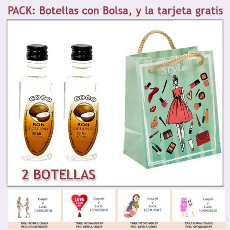 2 Botellitas de Ron de Coco con bolsa “fashion con mujer” y tarjeta