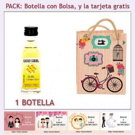 Botellita de Ron Miel con bolsa “fashion con bici” y tarjeta