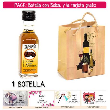 Botellita de Licor de Café con bolsa “bodegón” y tarjeta