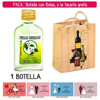 Botellita Petaca de Licor de Finas Hierbas con bolsa “bodegón” y tarjeta