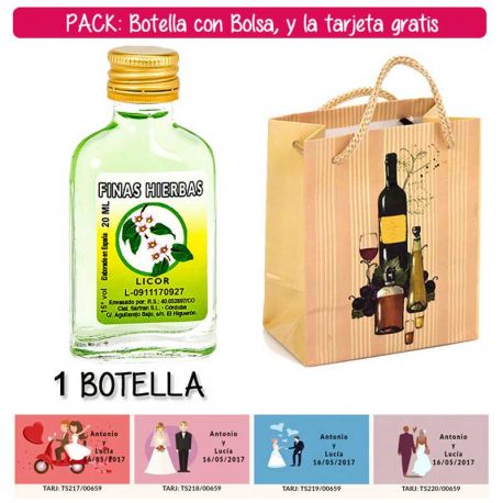 Botellita Petaca de Licor de Finas Hierbas con bolsa “bodegón” y tarjeta