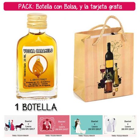 Botellita Petaca de Vodka Caramelo con bolsa “bodegón” y tarjeta