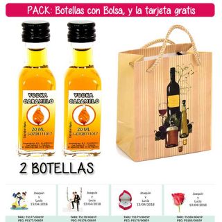 2 Botellitas de Vodka Caramelo con bolsa “bodegón” y tarjeta