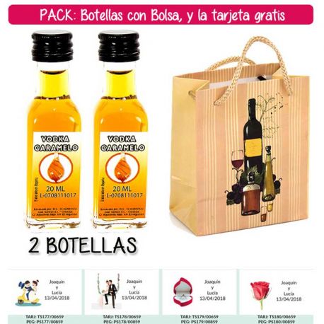 2 Botellitas de Vodka Caramelo con bolsa “bodegón” y tarjeta