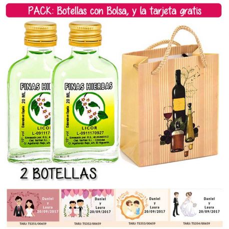 2 Botellitas Petaca de Licor de Finas Hierbas con bolsa “bodegón” y tarjeta