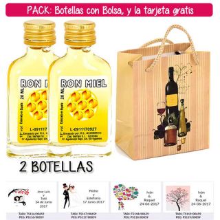 2 Botellitas Petaca de Ron Miel con bolsa “bodegón” y tarjeta