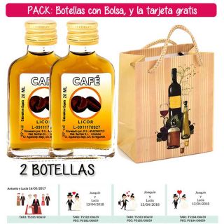 2 Botellitas Petaca de Licor de Café con bolsa “bodegón” y tarjeta