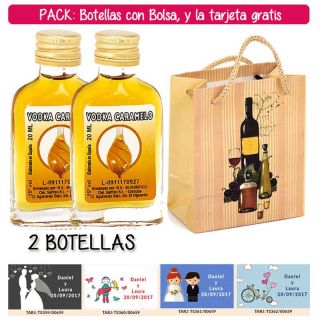 2 Botellitas Petaca de Vodka Caramelo con bolsa “bodegón” y tarjeta