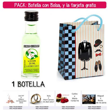 Botellita de Licor de Finas Hierbas con bolsa “charlestón” y tarjeta