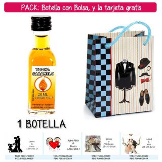 Botellita de Vodka Caramelo con bolsa “charlestón” y tarjeta