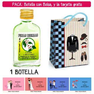 Botellita Petaca de Licor de Finas Hierbas con bolsa “charlestón” y tarjeta