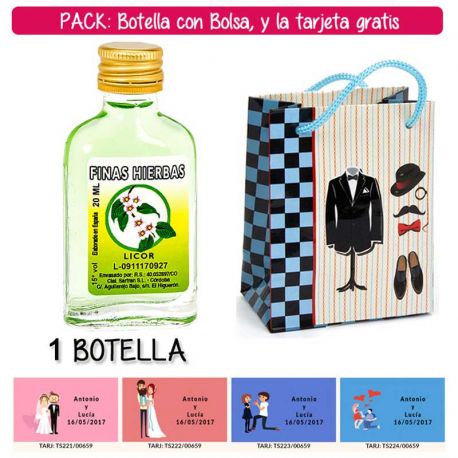 Botellita Petaca de Licor de Finas Hierbas con bolsa “charlestón” y tarjeta
