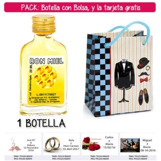 Botellita Petaca de Ron Miel con bolsa “charlestón” y tarjeta
