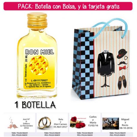 Botellita Petaca de Ron Miel con bolsa “charlestón” y tarjeta